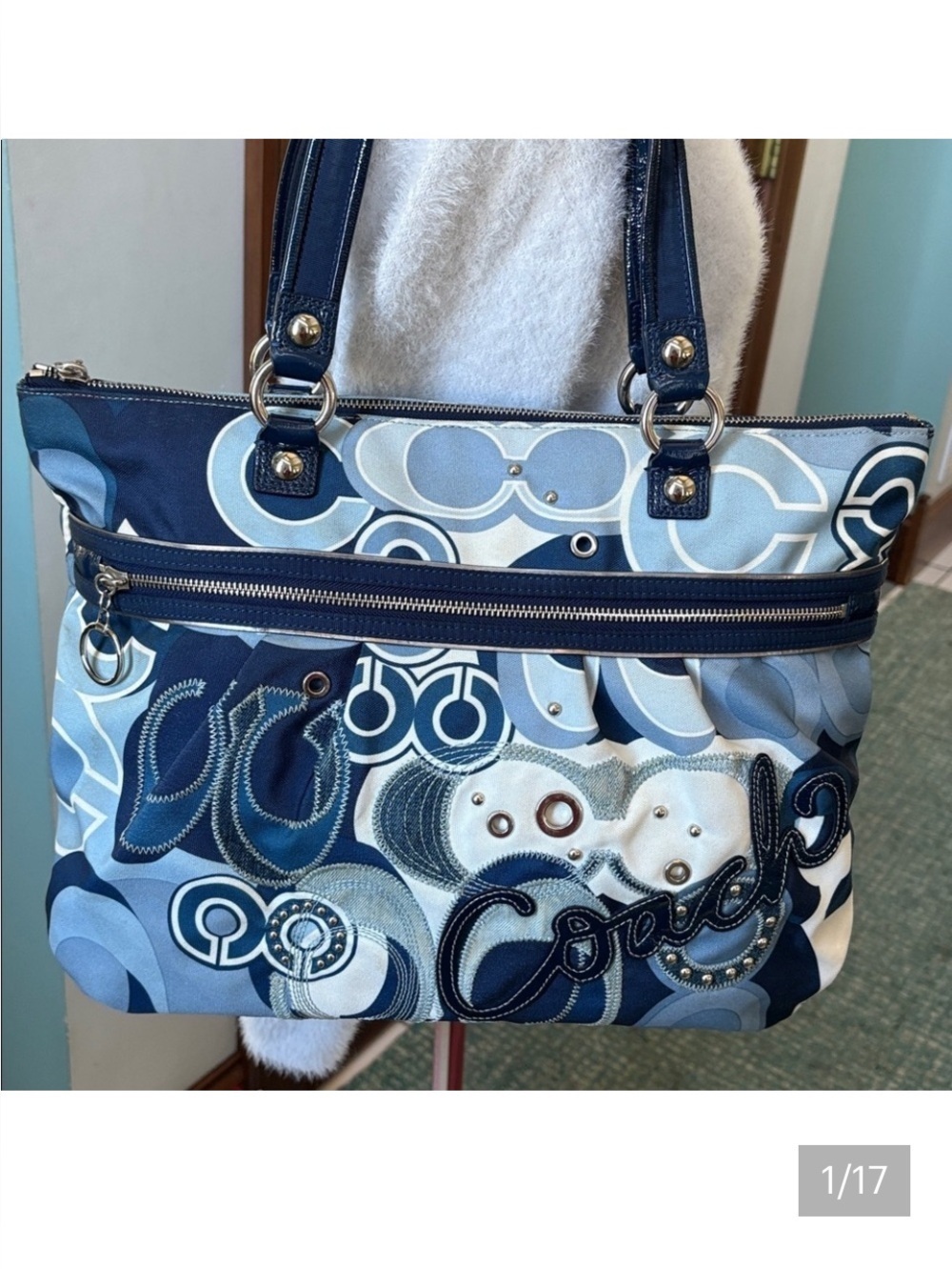 Coach  Poppy Pop C Glam tote shoulder bag denim blue/white/Silvertone HW  NWOT